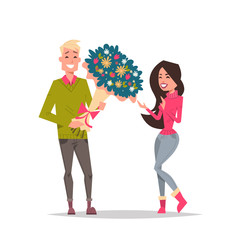 Man present woman bouquet of flowers happy