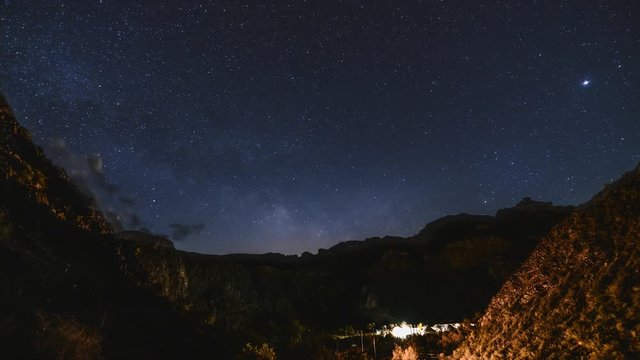 4k Moving Timelapse movie film of Milky Way and Moonrise and Stars over Charyn Canyon in South East Kazakhstan with Sunrise.