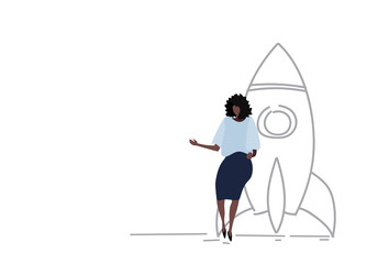 businesswoman leaning on space ship african american business woman launching new startup project concept female character full length sketch doodle horizontal