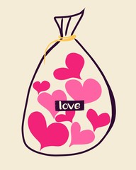 Bag with pink hearts and label “love” lettering. Surreal illustration on beige background. Valentine’s Day concept