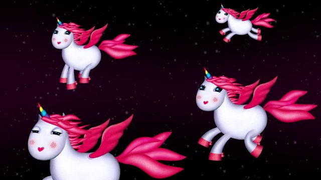 Unicorn night flight. Four white and pink cartoon unicorns are flying in the skies at night. Long seamless loop. Good for background, fairy tales, etc...