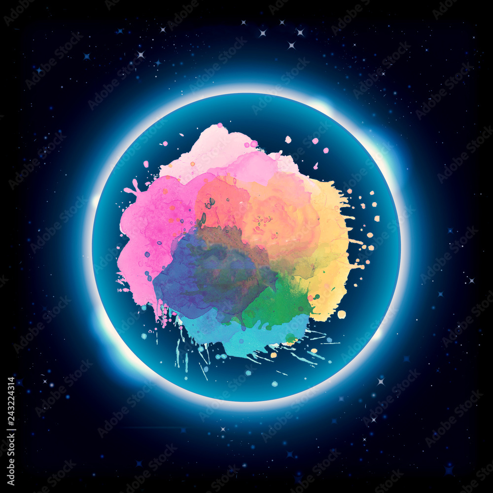 Poster abstract multicolored unique set of colors in a glowing circle in a dark background artwork