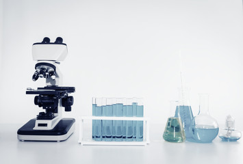laboratory microscope of healthcare and medicine researcher scientist with lab equipment tools on...