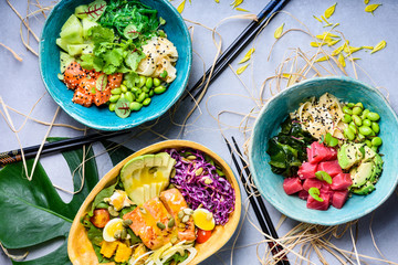 Hawaiian Ahi poke bowl, tuna and salmon.Raw organic.