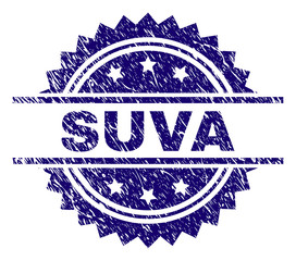 SUVA stamp seal watermark with distress style. Blue vector rubber print of SUVA title with scratched texture.