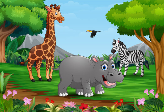 Wild animals cartoon are playing in the jungle