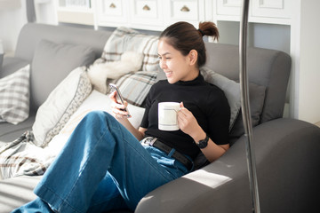 Fototapeta na wymiar Young beautiful woman relaxing on sofa at home and using smart phone