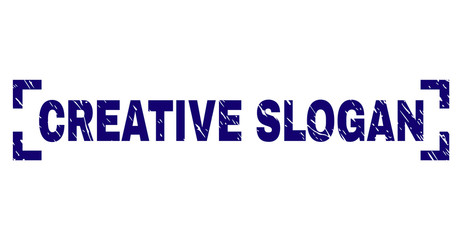 CREATIVE SLOGAN text seal imprint with grunge texture. Text label is placed between corners. Blue vector rubber print of CREATIVE SLOGAN with retro texture.
