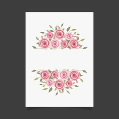 Common size of floral greeting card and invitation template for wedding or birthday anniversary, Vector shape of text box label and frame, Rose flowers wreath ivy style with branch and leaves.