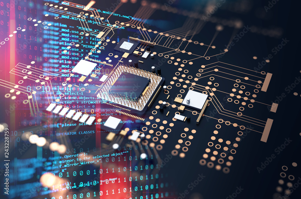 Poster 3d rendering of futuristic blue circuit board