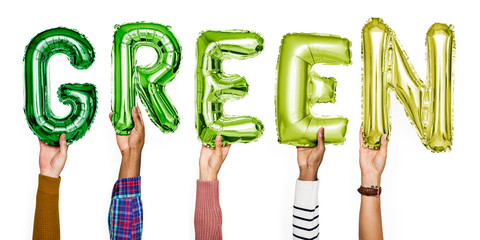 Hands showing green balloons word