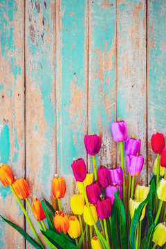 Fototapeta Tulip blossom flowers on vintage wooden background, border  frame design. vintage color tone - concept flower of spring or summer background