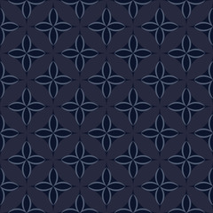 Fototapeta premium Seamless geometric pattern with abstract floral elements based on Arabic ornaments. Geometric checkered background in dark-blue colors