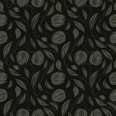 Seamless vector floral pattern with abstract flowers and leaves in black colors on dark background