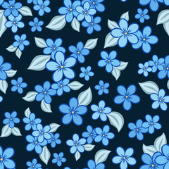 Seamless vector floral pattern with abstract small flowers and leaves in blue colors on black background