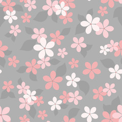 Seamless vector floral pattern with abstract small flowers and leaves in pink colors on gray background