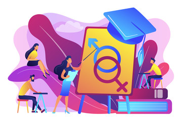 Female teacher at board giving a lesson on sexual education to students. Sex education, sexual health teaching, sex education lesson concept. Bright vibrant violet vector isolated illustration