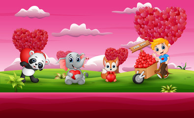 Cartoon Valentines Day celebration in a pink garden