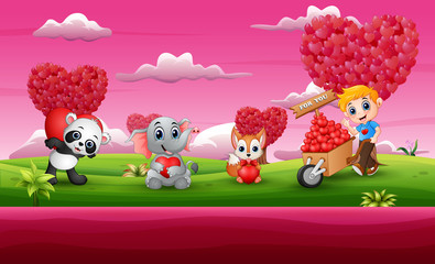 Naklejka premium Cartoon Valentines Day celebration in a pink garden