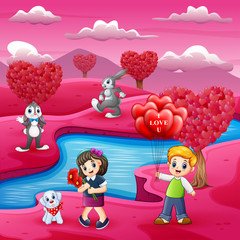 Obraz na płótnie Canvas Childrens cartoons celebrate valentine day with many animal