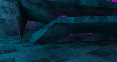 Abstract  Concrete Futuristic Sci-Fi interior With Pink And Blue Glowing Neon Tubes . 3D illustration and rendering.