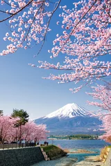 Fotobehang Fuji Fuji Mountain en Pink Sakura-takken bij Kawaguchiko Lake in het voorjaar, Japan