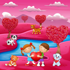 Obraz na płótnie Canvas Valentines Day celebration by the river bank and pink field