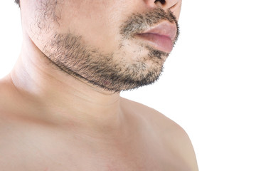 Obraz premium Asian young man with a lot mustache beard. clean face treatment or beard decoration concept. on white background and clipping path.
