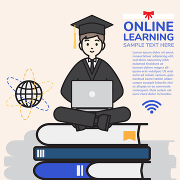 male graduating student sitting on text book, e- learning concept