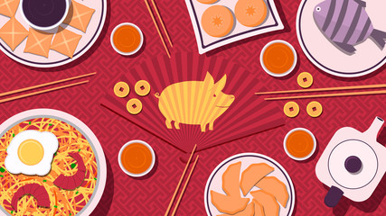 Chinese new year festive dinner. Chinese food on a ornament background. Template for poster or web site banner. Vector illustration (Chinese Translation: Chinese new year/spring festival )