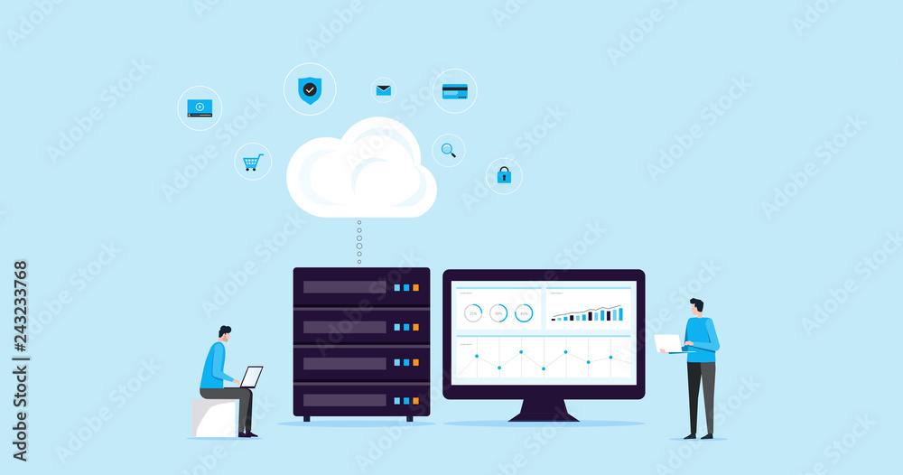 Poster flat illustration design concept technology cloud storage connection with business technology wen hosting and servers online service 