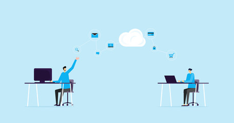 flat illustration banner design concept and  business team working  with cloud storage connection network concept