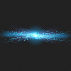 Lightning flash discharge of electricity on transparent background. Blue electrical visual effect. EPS 10