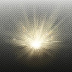 Sunset or sunrise golden glowing bright flash effect. Warm burst with rays and spotlight. Sun realistic lights template. EPS 10
