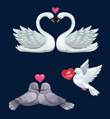 Loving bird couples with hearts. Valentines Day
