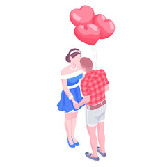 Happy romantic couple holding balloons heart. Pair man and woman on a date while celebrating Saint Valentine's Day. Vector illustration
