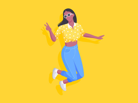 African joyful young woman jumping and showing peace gesture. Vector illustration