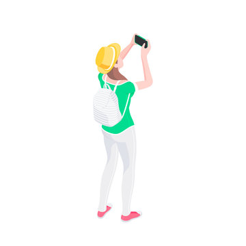 Young female tourist taking picture with smartphone. Isometric Vector illustration