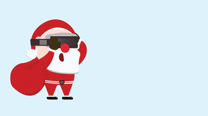  Santa  claus wearing virtual reality headset Future world and carrying a red gift bag .Vector illustration