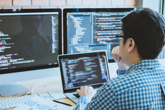  developer programming and coding technology. Website design Safety of the social world Cyberspace concept.