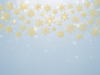 Christmas card with foiled gold snow flake. Golden decoration on light blue winter background. EPS 10