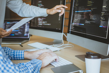 Group developer programming and coding technology. Website design Safety of the social world Cyberspace concept.