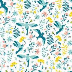 Birds and Flowers. Vector Hand Drawn Seamless Pattern on White Background.