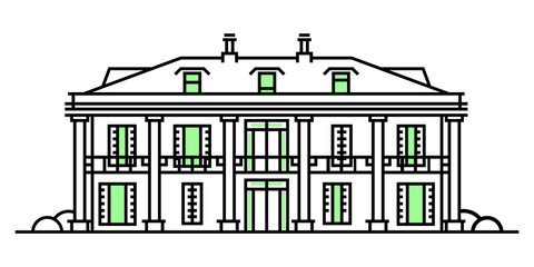 Real estate market concept flat line vector architecture design. Outlined stroke icon. Colonial style house. Property investment