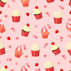 Cupcakes seamless pattern. Valentine's day background. Vector illustration.