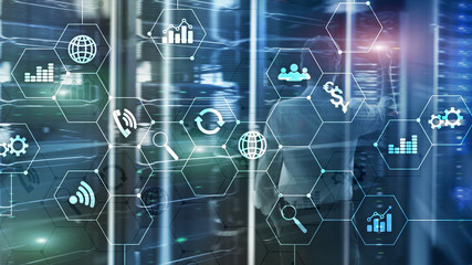 Double exposure mixed media. Diagrams and icons on hologram screen. Business people and modern city on background.