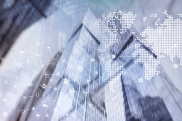 Double exposure mixed media. Diagrams, icons and relations structure on hologram screen. Business people and modern city on background