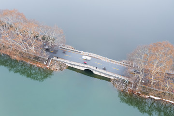 aerial view of road on lake