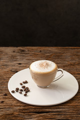 cappuccino coffee clear cup on wood background  for cafe coffee shop menu