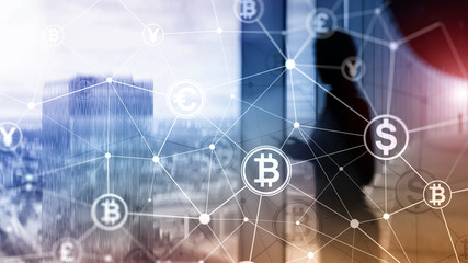 Obraz premium Double exposure Bitcoin and blockchain concept. Digital economy and currency trading.